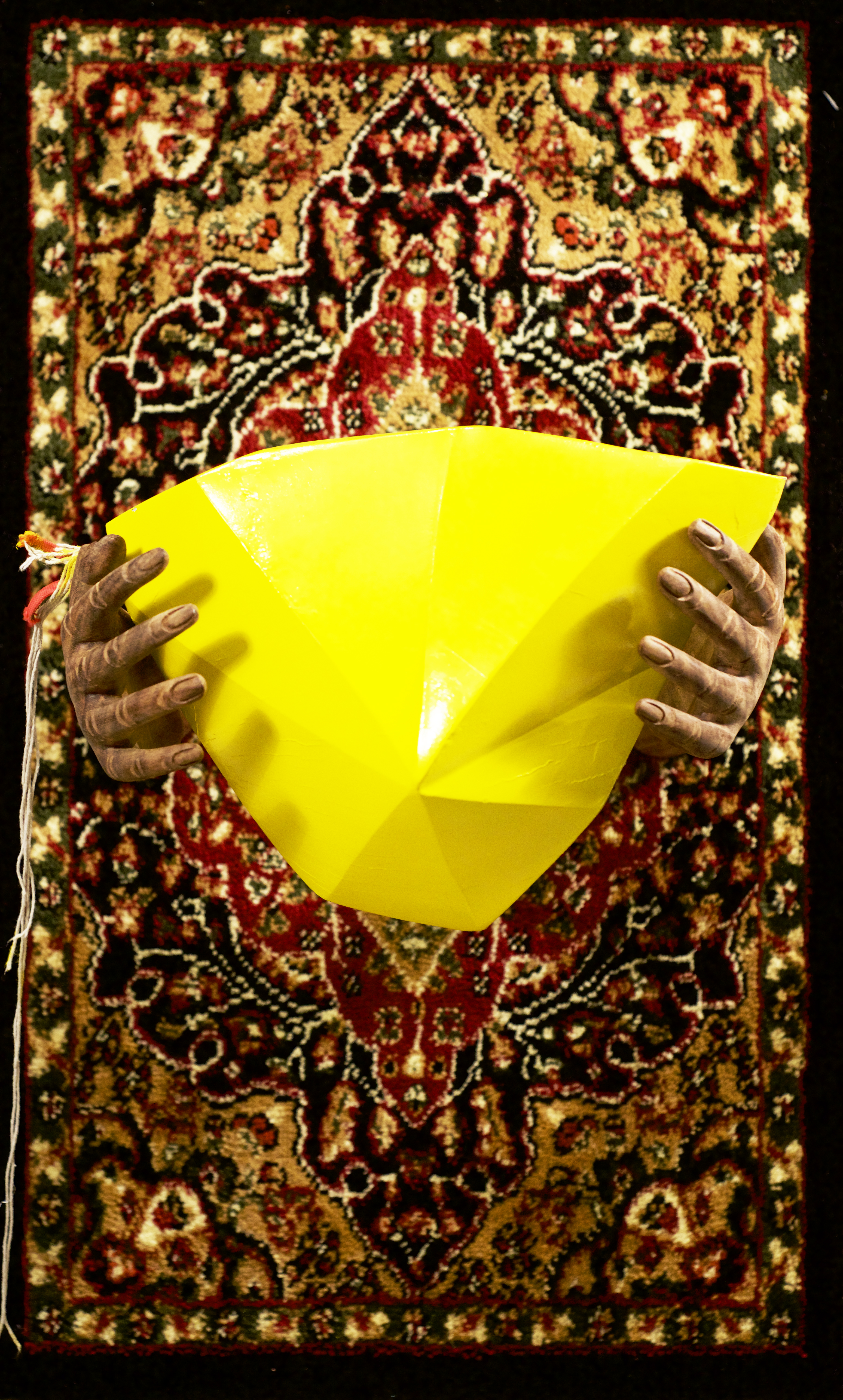  Brown hands with yellow Diamond  28x24 inch Wood sculpture and carpet 2017-2018 